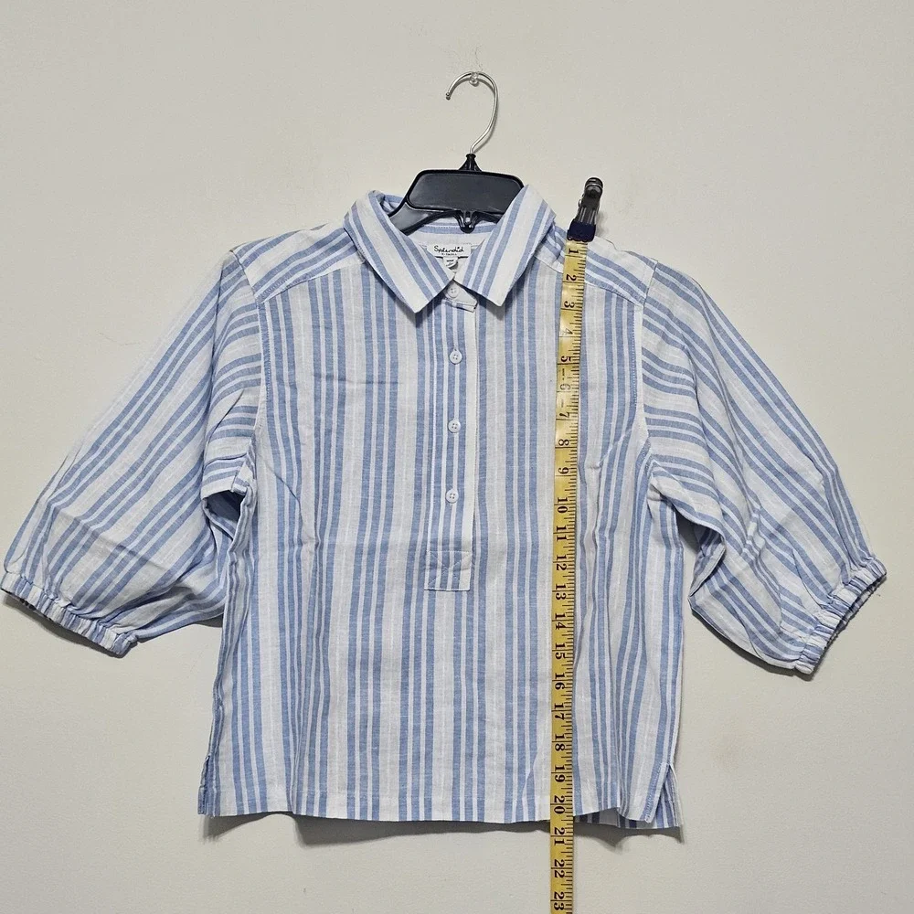 Splendid Women's Top X-Small White Blue Striped 3/4 Sleeves Collar New With Tag‎